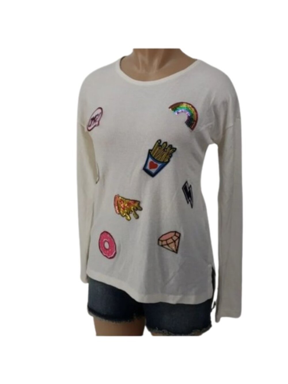 NWT Oh MG! White Graphic Patch Long Sleeve Pullover Top Size M